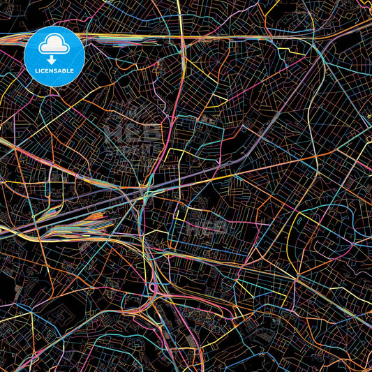 Bondy, Seine-Saint-Denis, France, colorful city map on black background