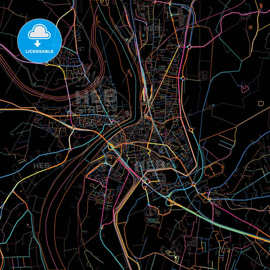 Arles, Bouches-du-Rhône, France, colorful city map on black background