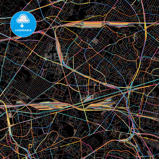 Bobigny, Seine-Saint-Denis, France, colorful city map on black background