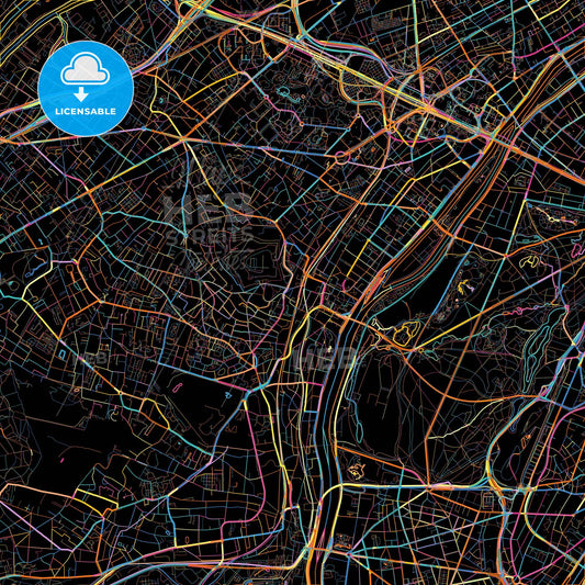 Suresnes, Hauts-de-Seine, France, colorful city map on black background