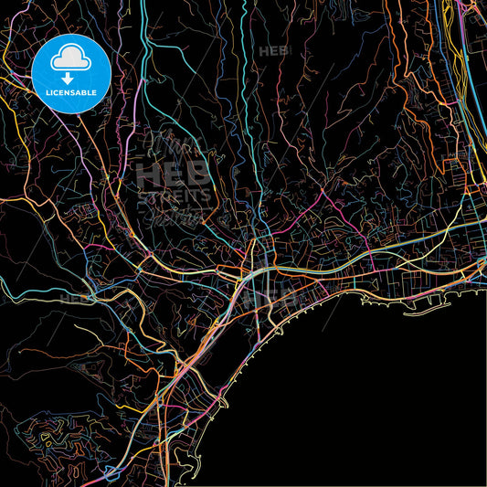 Cagnes-sur-Mer, Alpes-Maritimes, France, colorful city map on black background