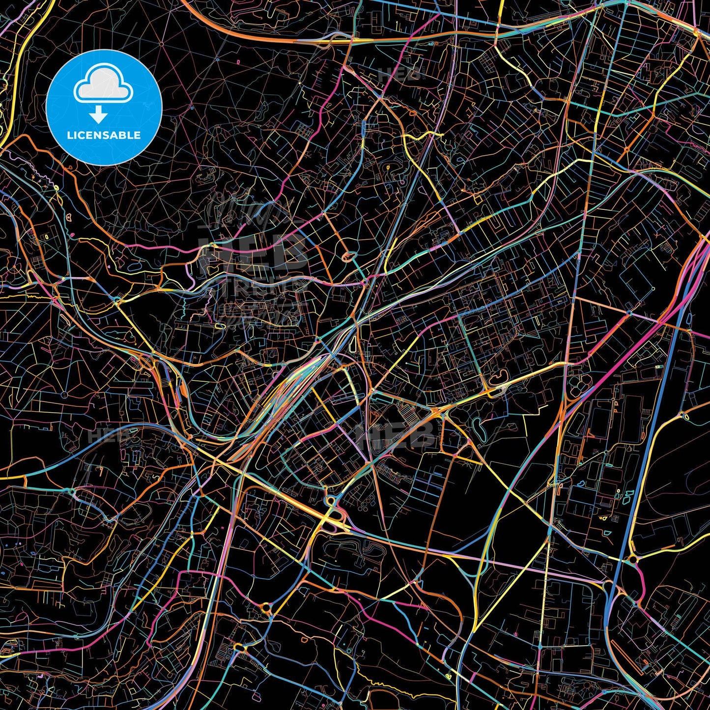 Massy, Essonne, France, colorful city map on black background