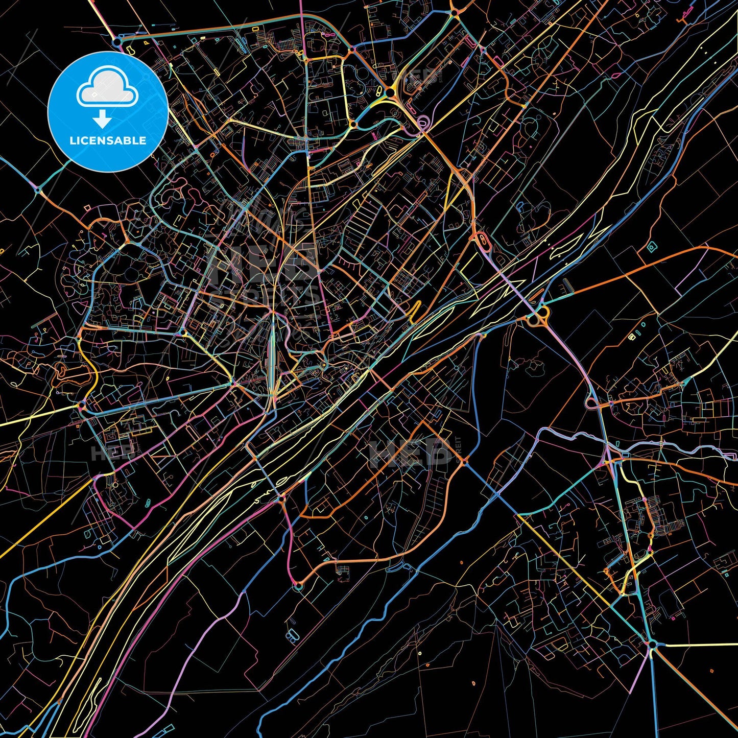 Blois, Loir-et-Cher, France, colorful city map on black background