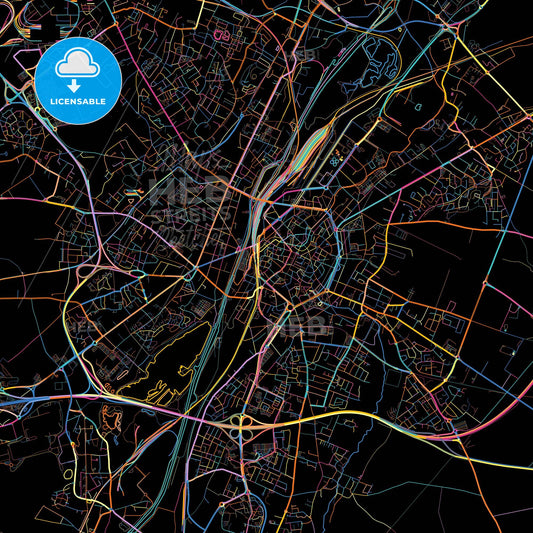 Valenciennes, Nord, France, colorful city map on black background