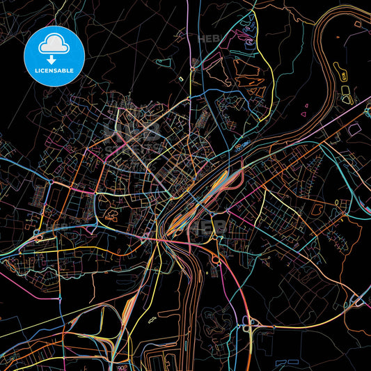 Thionville, Moselle, France, colorful city map on black background