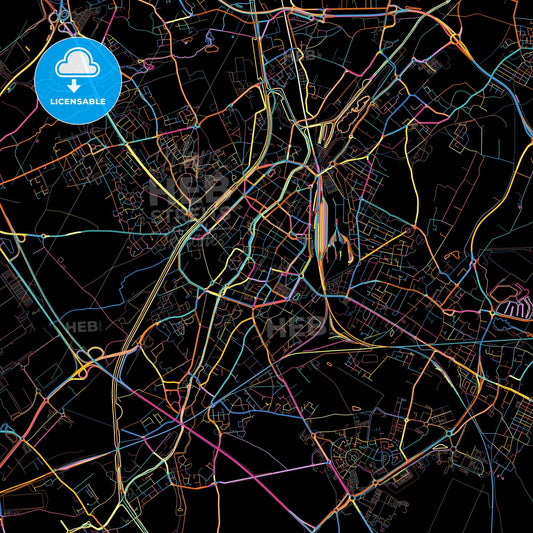 Douai, Nord, France, colorful city map on black background