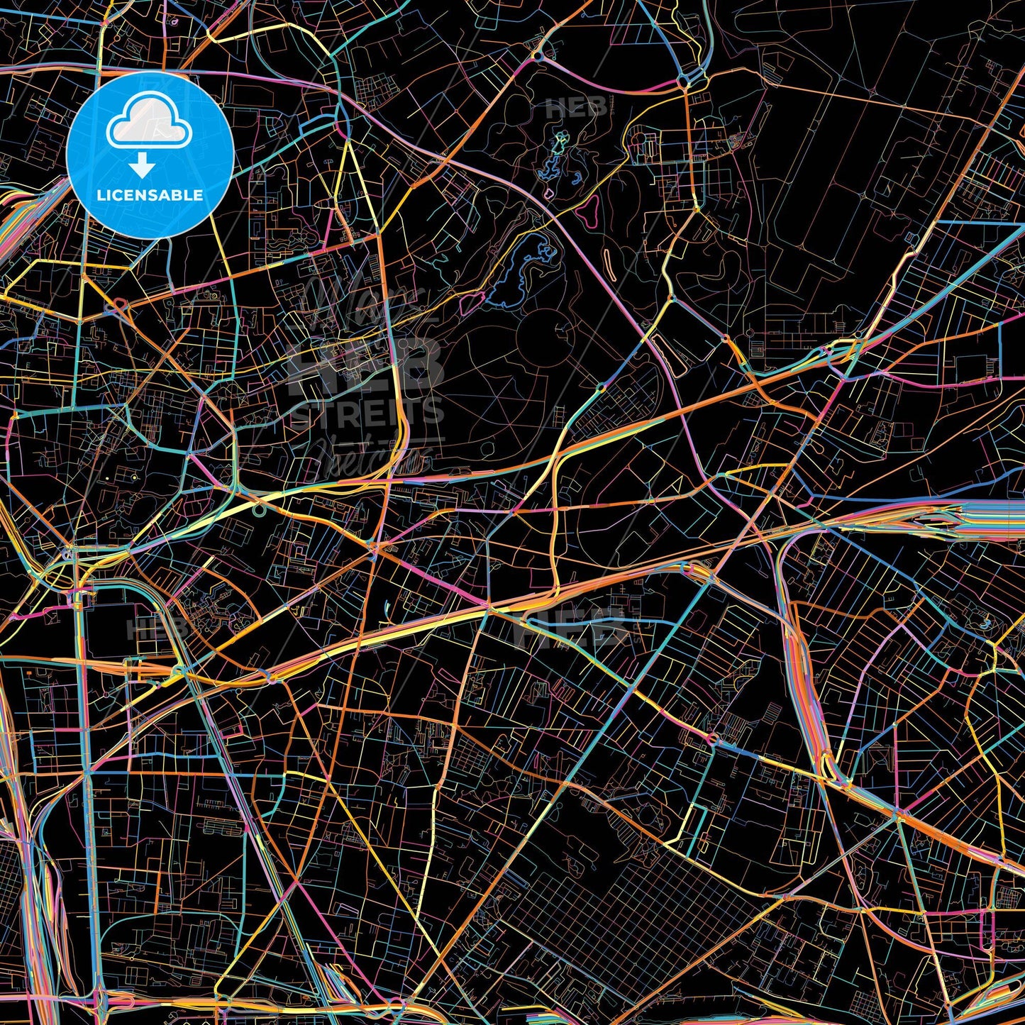 La Courneuve, Seine-Saint-Denis, France, colorful city map on black background