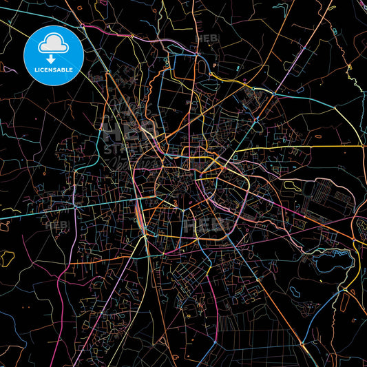 Bourg-en-Bresse, Ain, France, colorful city map on black background