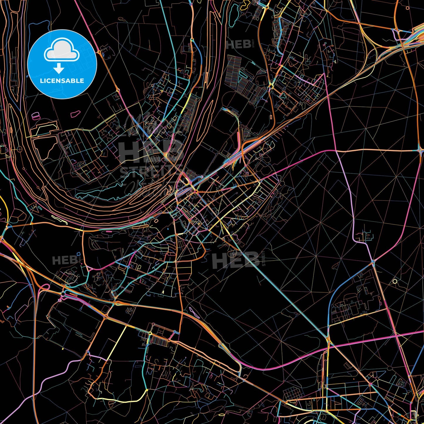 Poissy, Yvelines, France, colorful city map on black background