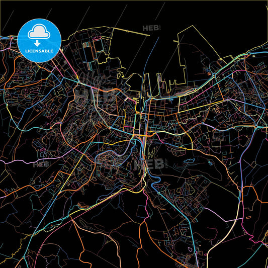 Cherbourg-Octeville, Manche, France, colorful city map on black background
