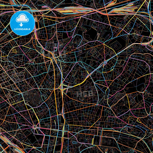 Bagnolet, Seine-Saint-Denis, France, colorful city map on black background