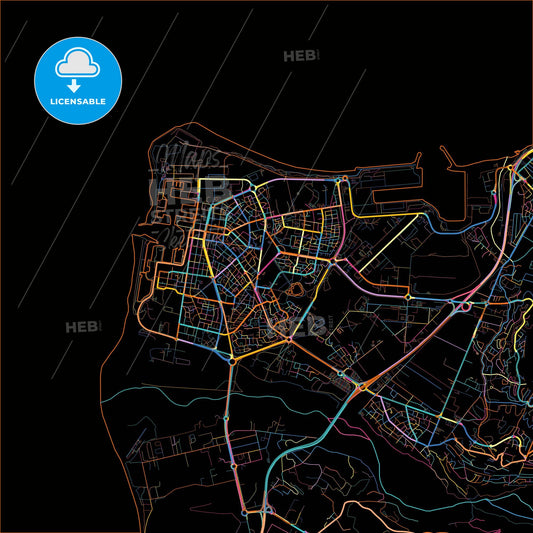 Le Port, Réunion, France, colorful city map on black background