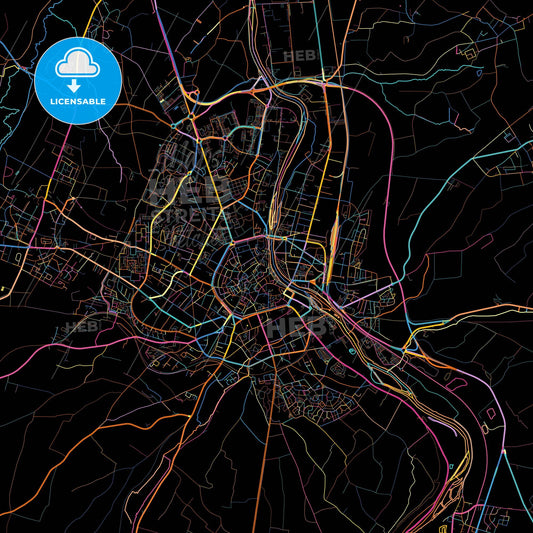 Auxerre, Yonne, France, colorful city map on black background