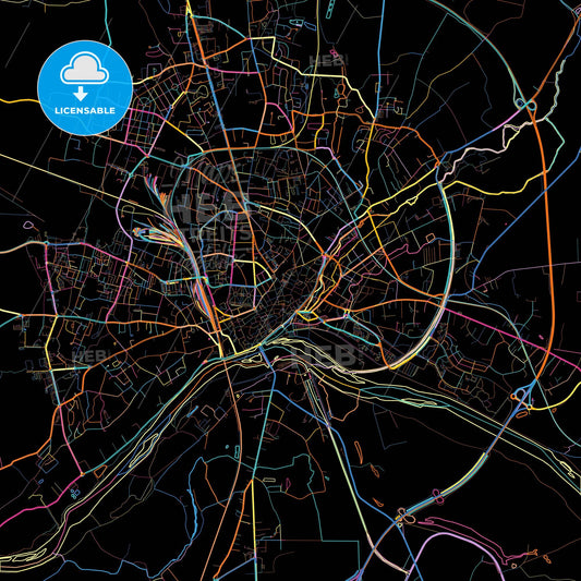 Nevers, Nièvre, France, colorful city map on black background
