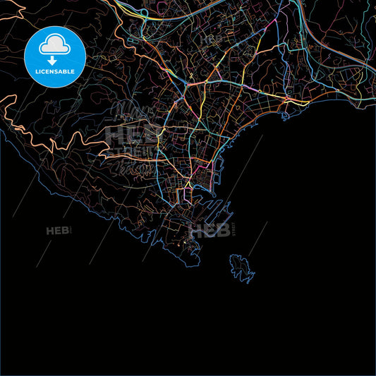 La Ciotat, Bouches-du-Rhône, France, colorful city map on black background