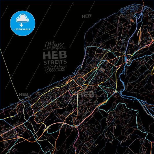 Thonon-les-Bains, Haute-Savoie, France, colorful city map on black background