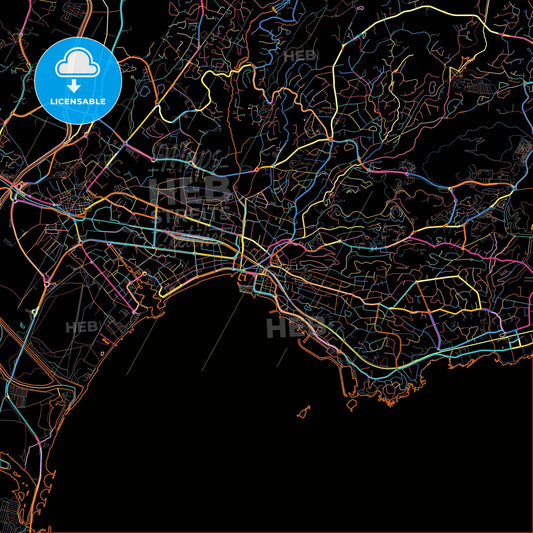 Saint-Raphaël, Var, France, colorful city map on black background