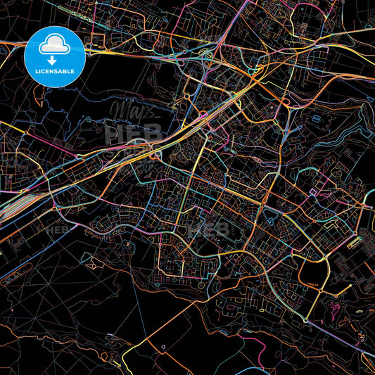 Montigny-le-Bretonneux, Yvelines, France, colorful city map on black background