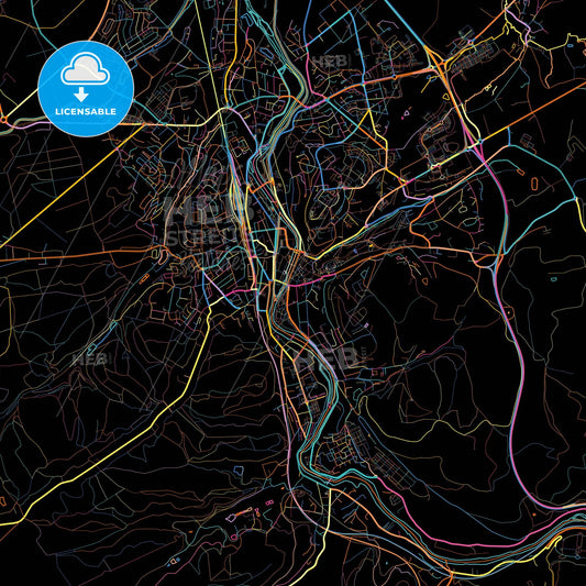 Épinal, Vosges, France, colorful city map on black background