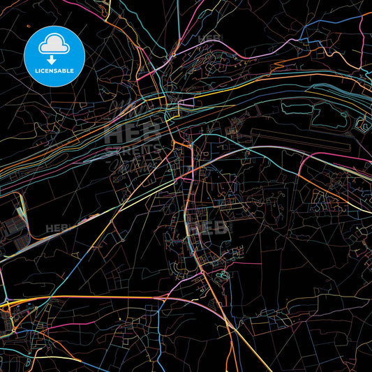 Les Mureaux, Yvelines, France, colorful city map on black background