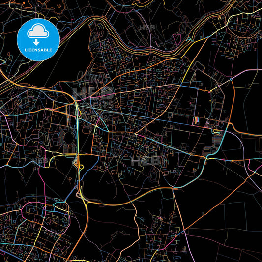 Meyzieu, Rhône, France, colorful city map on black background