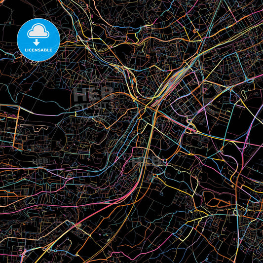 Palaiseau, Essonne, France, colorful city map on black background