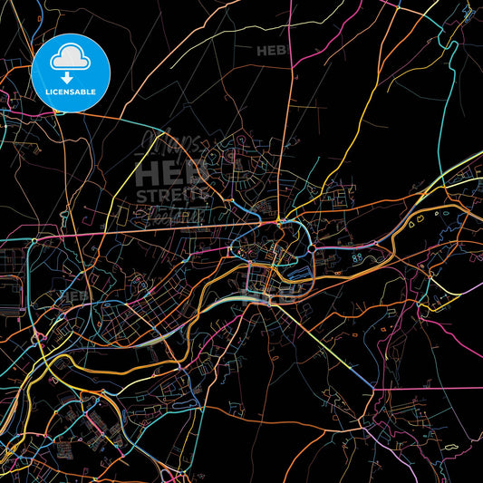 Maubeuge, Nord, France, colorful city map on black background