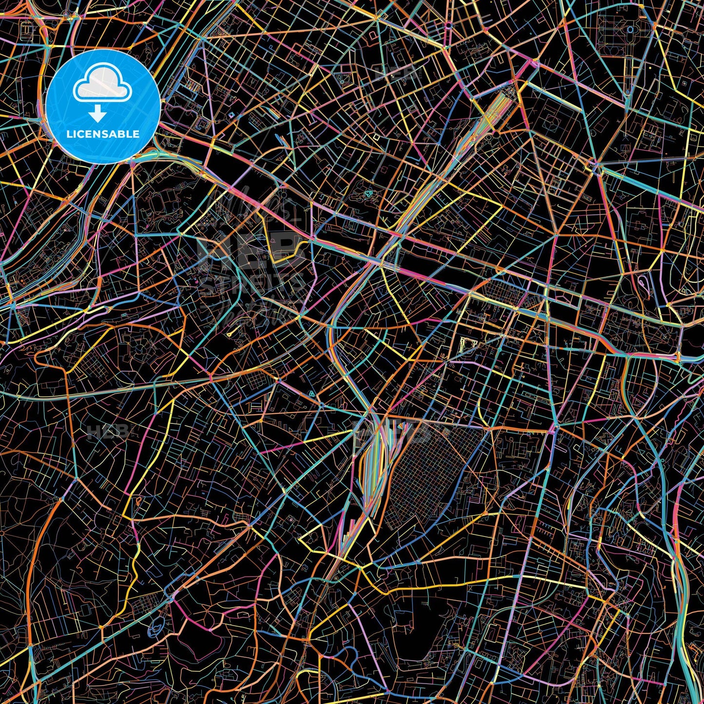Malakoff, Hauts-de-Seine, France, colorful city map on black background