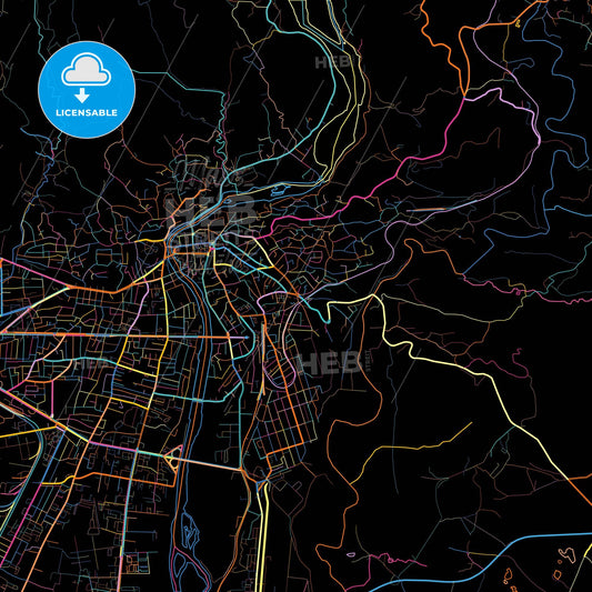 Kutaisi, Imereti, Georgia, colorful city map on black background
