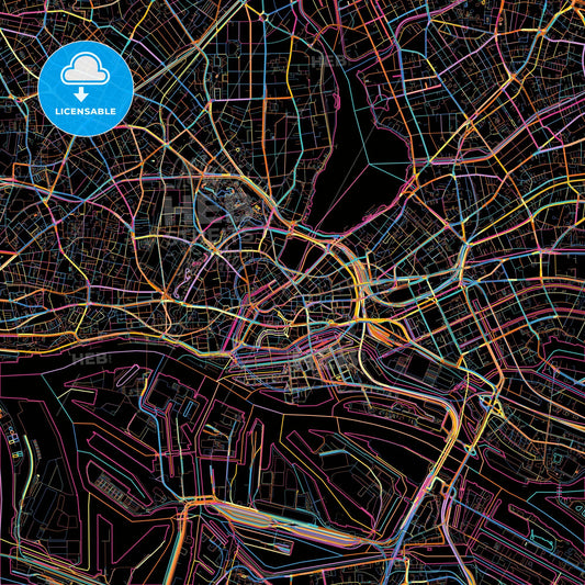 Hamburg, Hamburg, Germany, colorful city map on black background