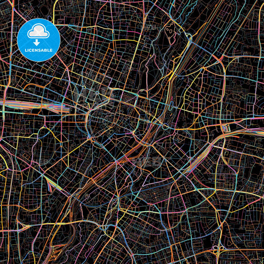 München, Bavaria, Germany, colorful city map on black background