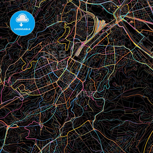 Stuttgart, Baden-Wuerttemberg, Germany, colorful city map on black background