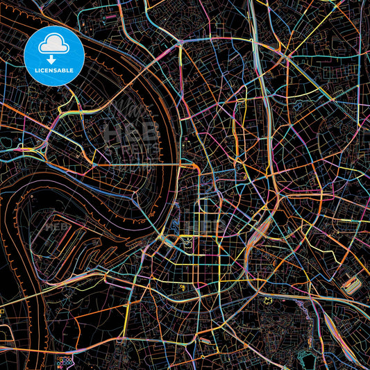 Düsseldorf, North Rhine-Westphalia, Germany, colorful city map on black background