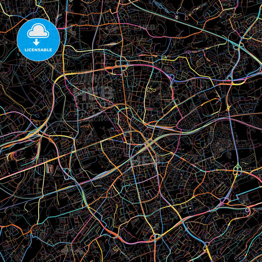 Bochum, North Rhine-Westphalia, Germany, colorful city map on black background