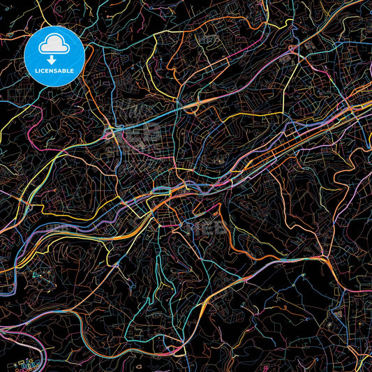 Wuppertal, North Rhine-Westphalia, Germany, colorful city map on black background