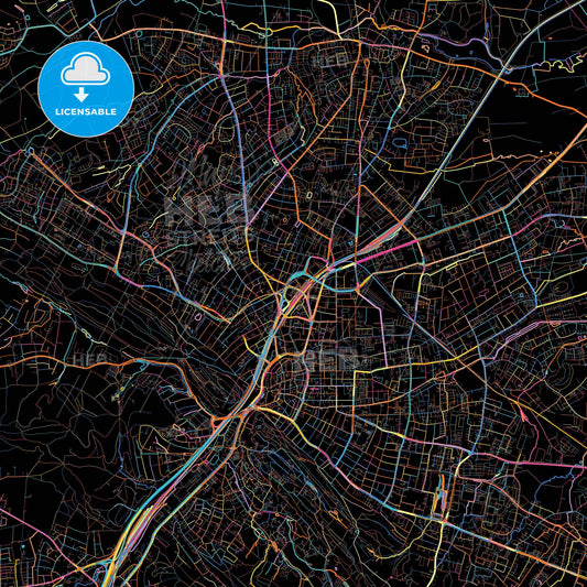 Bielefeld, North Rhine-Westphalia, Germany, colorful city map on black background