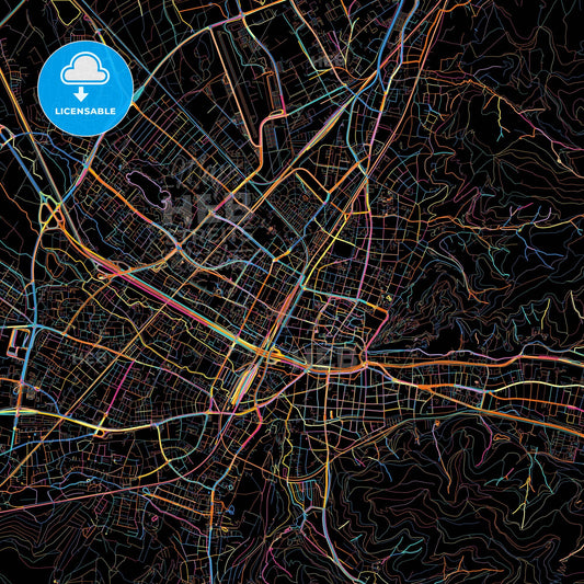 Freiburg im Breisgau, Baden-Wuerttemberg, Germany, colorful city map on black background