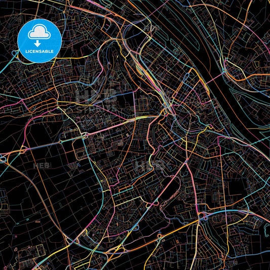 Mainz, Rheinland-Pfalz, Germany, colorful city map on black background