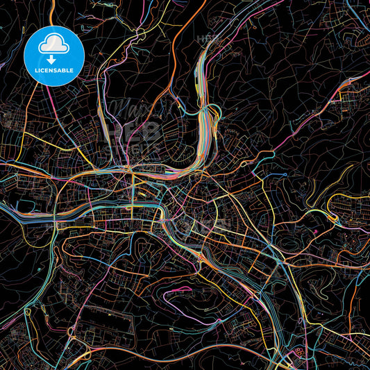 Saarbrucken, Saarland, Germany, colorful city map on black background