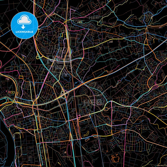 Leverkusen, North Rhine-Westphalia, Germany, colorful city map on black background