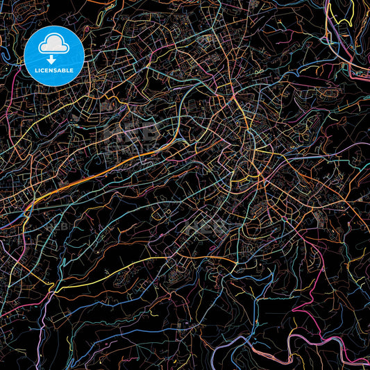 Solingen, North Rhine-Westphalia, Germany, colorful city map on black background