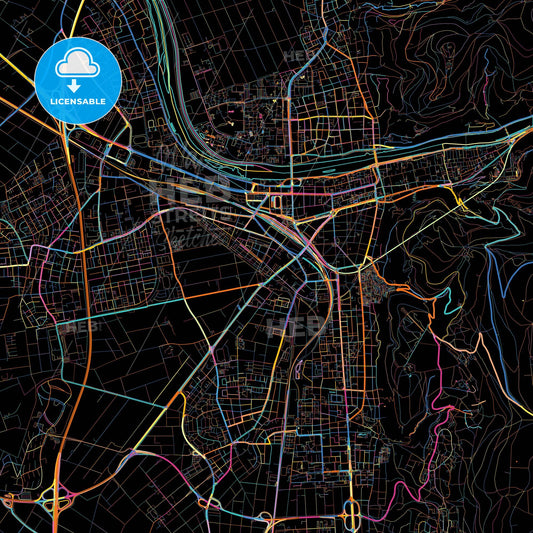 Heidelberg, Baden-Wuerttemberg, Germany, colorful city map on black background