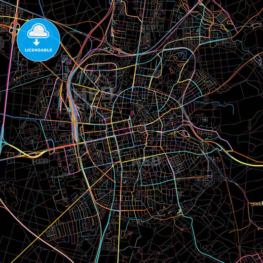 Darmstadt, Hesse, Germany, colorful city map on black background