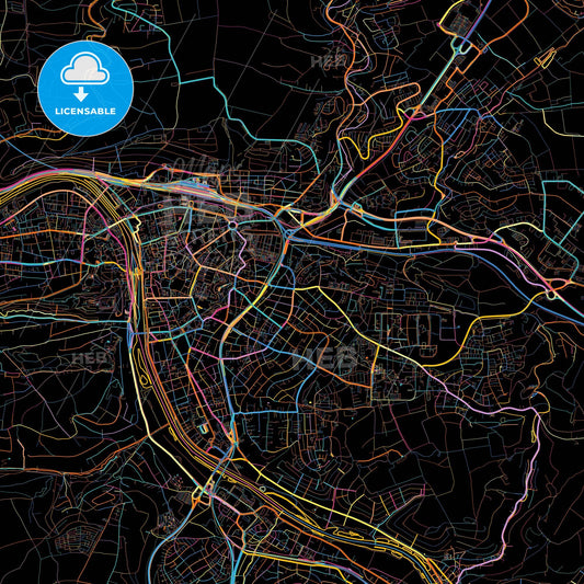 Wurzburg, Bavaria, Germany, colorful city map on black background