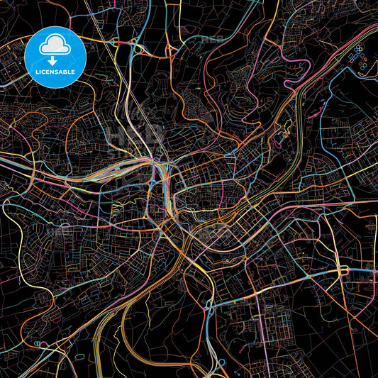 Ulm, Baden-Wuerttemberg, Germany, colorful city map on black background