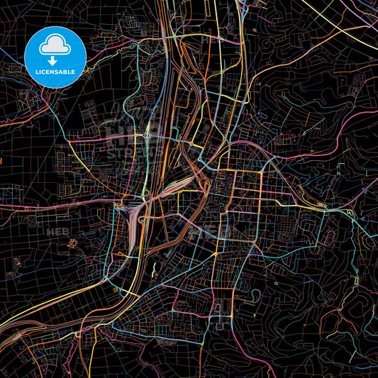 Heilbronn, Baden-Wuerttemberg, Germany, colorful city map on black background