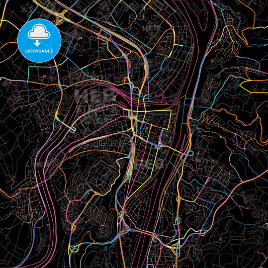 Koblenz, Rheinland-Pfalz, Germany, colorful city map on black background