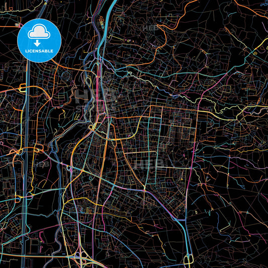 Erlangen, Bavaria, Germany, colorful city map on black background
