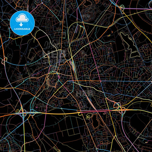 Moers, North Rhine-Westphalia, Germany, colorful city map on black background