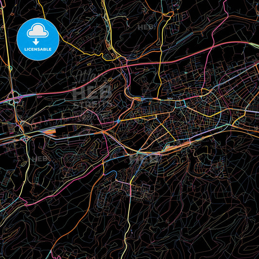 Kaiserslautern, Rheinland-Pfalz, Germany, colorful city map on black background